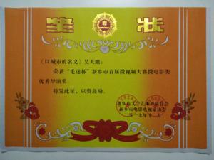 榮譽證書：吳大鵬以城市的名義優(yōu)秀導(dǎo)演獎