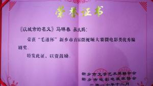 榮譽證書：《以城市的名義》獲優(yōu)秀編劇獎