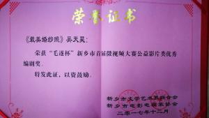 榮譽證書：《最美婚紗照》獲優(yōu)秀編劇獎